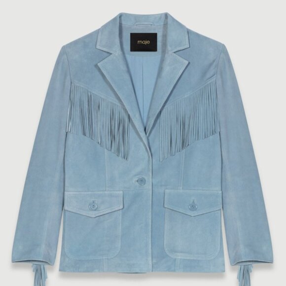 Maje blue Suede leather jacket with fringing - Picture 1 of 7